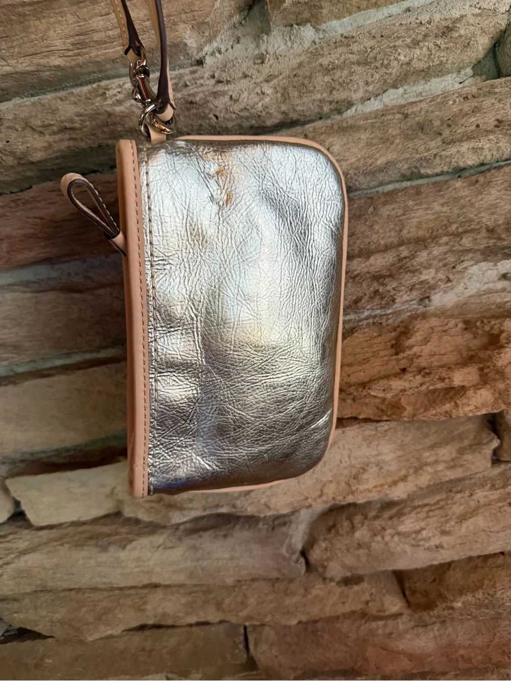 Coach Metallic Silver Wristlet Clutch Wallet Phone Bag Nude Trim Detach Strap